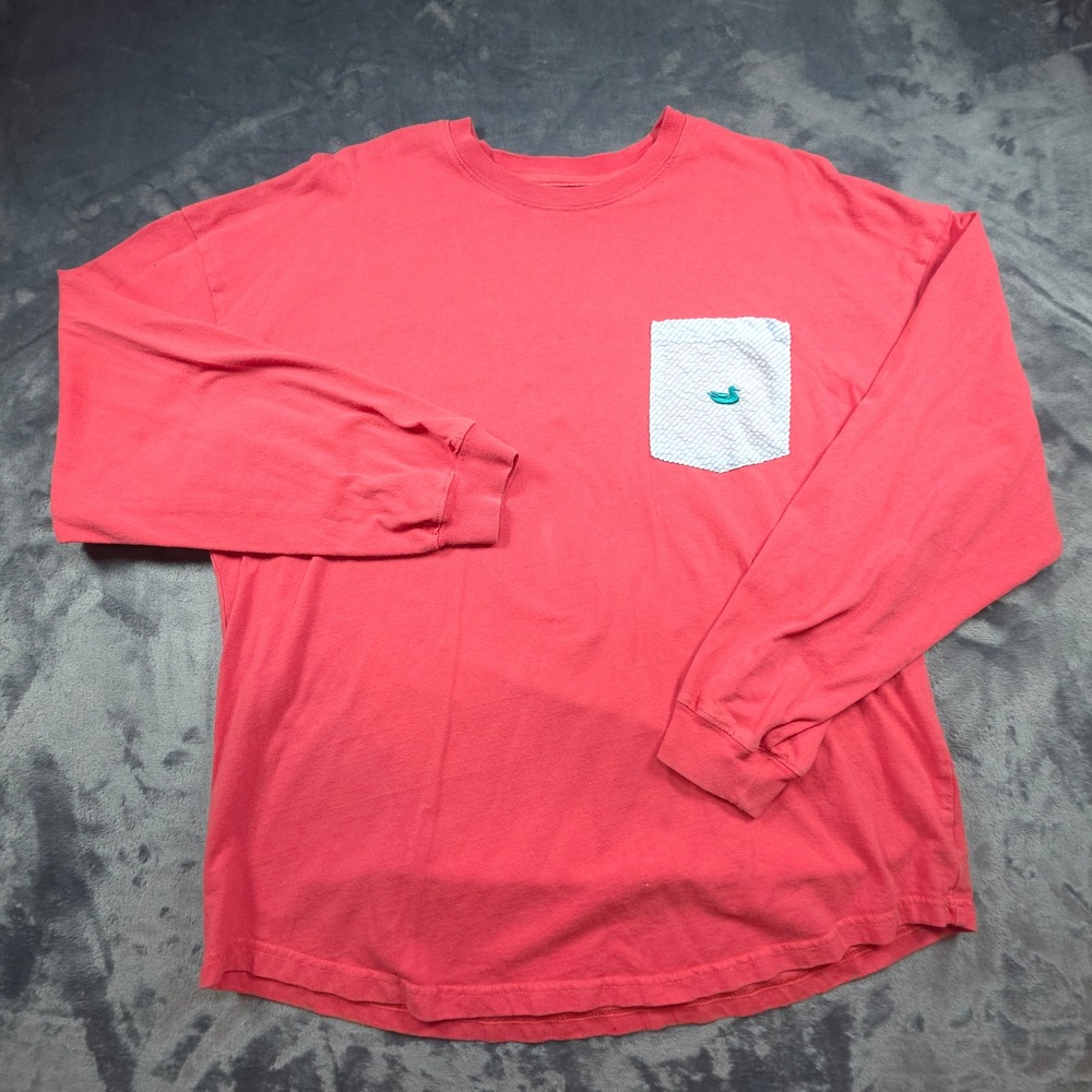 Southern Marsh Womens Long Sleeve Pocket T-Shirt Coral Pink Seersucker Large